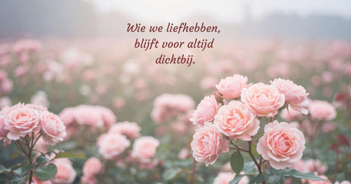 Prachtige roze rozen als basisafbeelding met hierin de krachtige troost tekst; Wie we liefhebben, blijft voor altijd dichtbij.